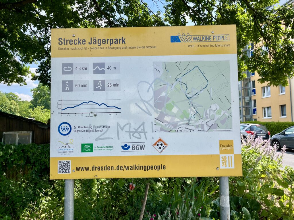 Am Jägerpark Dresden beginnt eine Walkingstrecke.