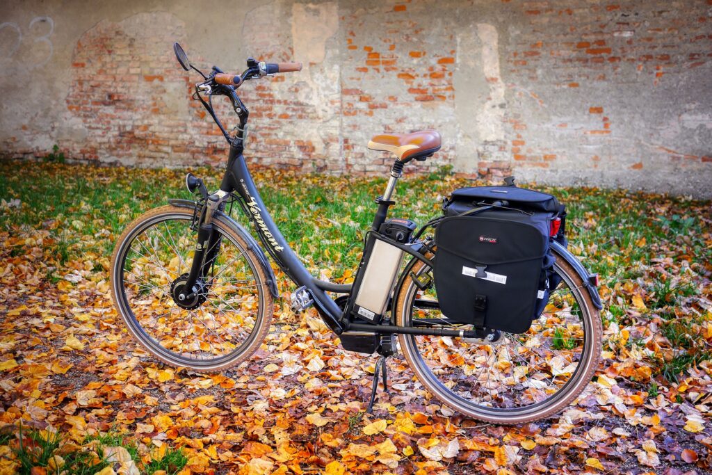 E-Bike mit Gepäcktasche auf Herbstlaub