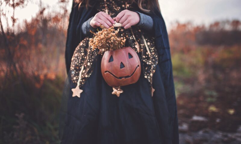 Kind steht verkleidet auf einem Feld und hält einen Halloween-Kürbis in der Hand