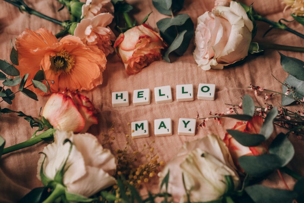 Foto mit bunten Blumen und dem Schriftzug "Hello May"