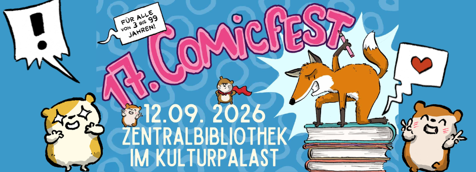 Blauer Banner des Comicfests mit illustrierten Hamstern und einem Fuchs
